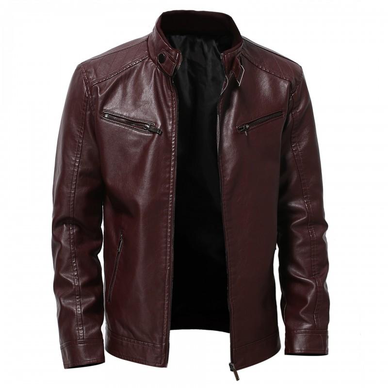 Mens PU Leather Biker Jacket With Zippered Pockets Stand Collar Casual Winter Outerwear