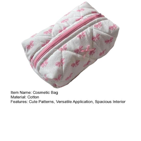 Girls Cosmetic Bag with Ruffles Quilted Cute Pink Bowknot Heart Makeup Bag Soft Cosmetic Pouch Makeup Organizer for Toiletries Brushes