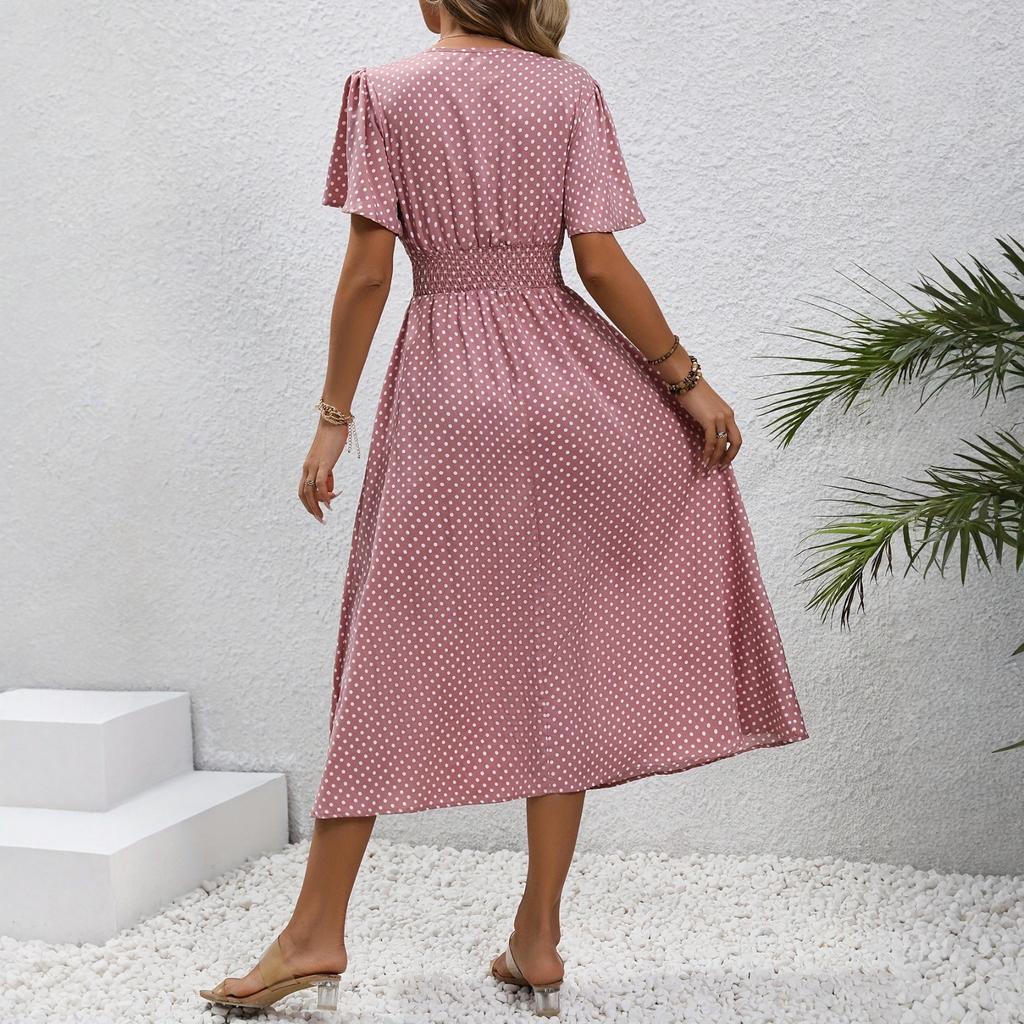 Dress For Women Long Boho Beach Dress Elegant Maxi Dress V-Neck Short Sleeve Dress With Pockets
