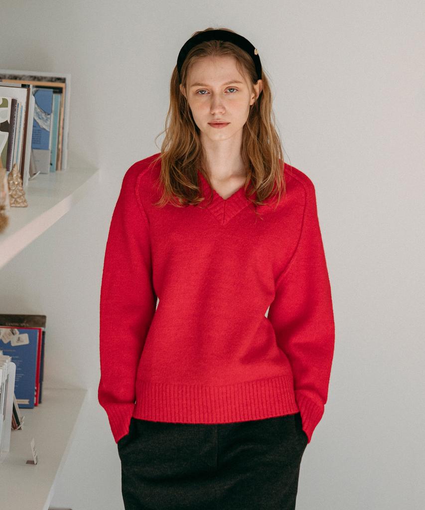Siyajyu Sikn2170-1 Loose Fit V-Neck Heavy Knit_Red