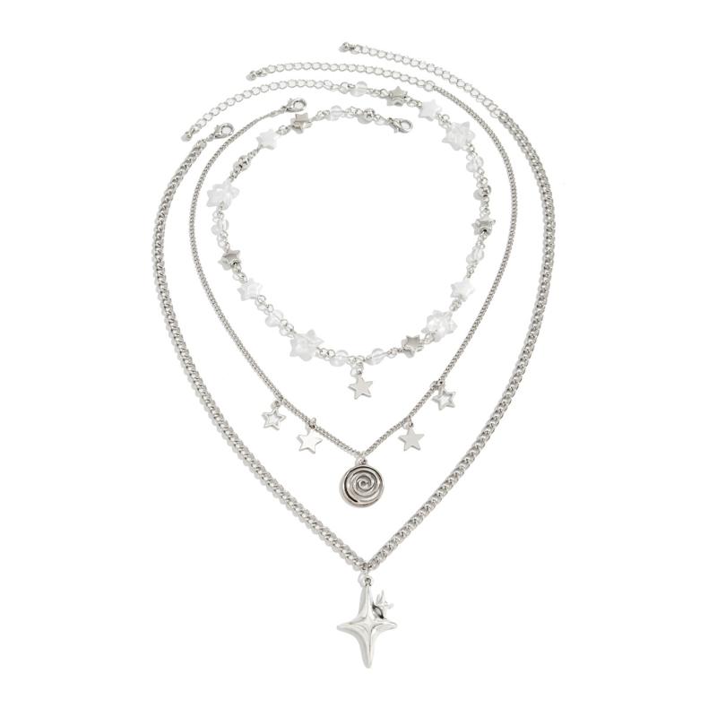Punk Rock Silver Color Vortex Star Pendant Chain Layered Necklace For Women Men Charms Y2K Grunge Accessories Jewelry