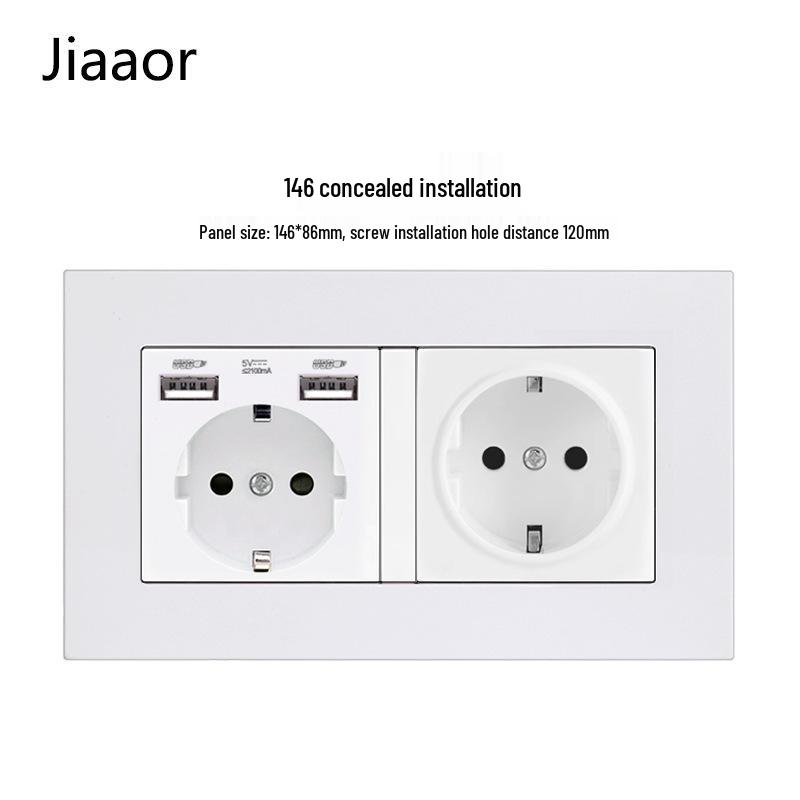 Type 146 Dual USB 16A Two-Gang European Power Socket Panel with German Standard Switch (Concealed)