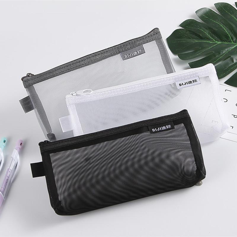 1PC Makeup Bags Case White Gray Black Large Capacity Mash Transparent Cosmetic Brush Bags Students Long Style Nylon Pencil Case