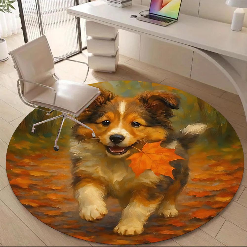 1PC Autumn Pup Office Round Area Rug, Mat Suitable ForOffice, Under Office Chairs Bedroom Living Room Home Decor, Room Deco