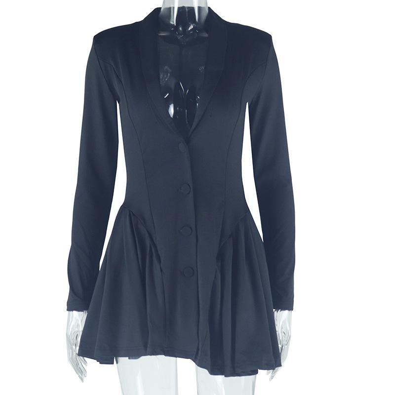 

Весна и лето Европейский и американский стиль женская мода сексуальный однотонный однобортный плиссированная юбка глубокий V длинный рукав платье S чёрный