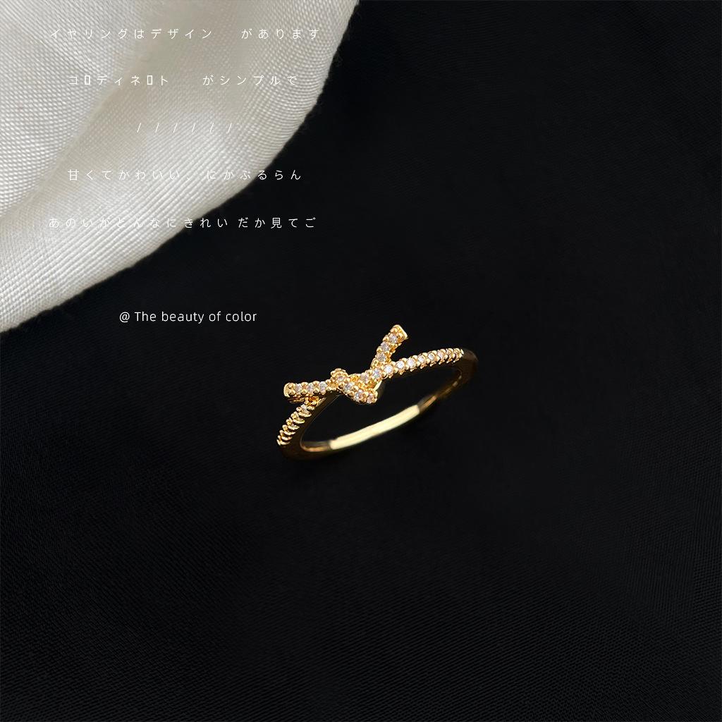 Micro-set Zircon Electroplated 18K Real Gold Knot Ring, Commuter Simple Ring, Index Finger Ring