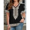 Ethnic Style T-Shirts Vintage Floral 3D Print Women's V-Neck Short Sleeve T Shirt Y2k Harajuku Tees Casual Tops Female Clothing