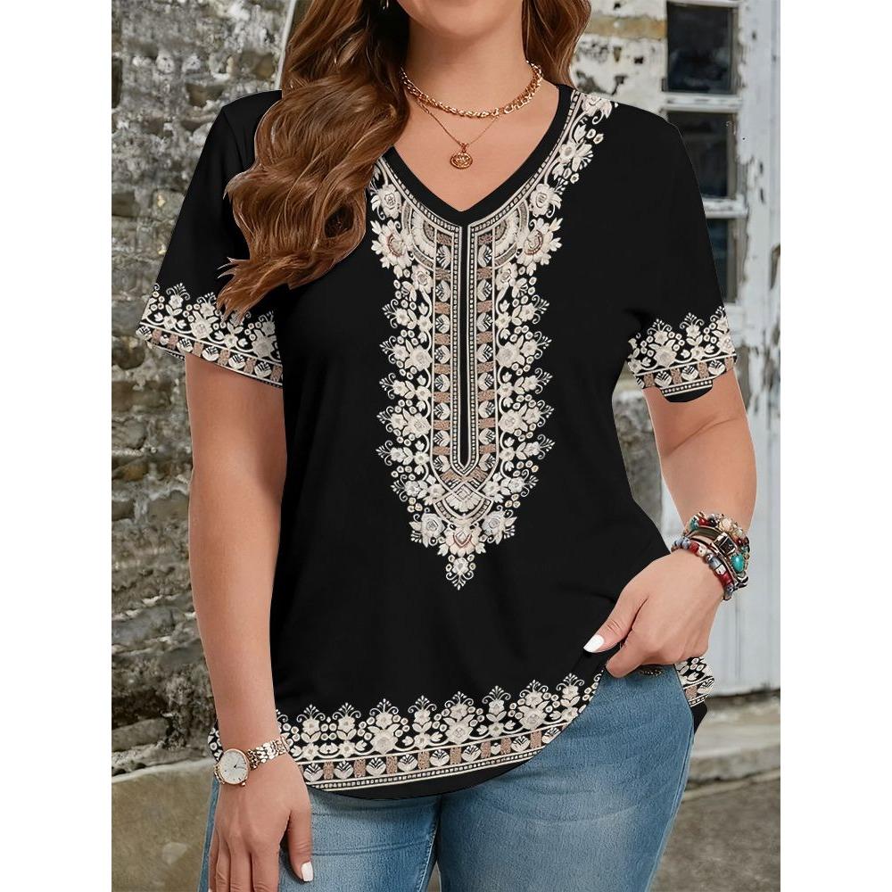 Ethnic Style T-Shirts Vintage Floral 3D Print Women's V-Neck Short Sleeve T Shirt Y2k Harajuku Tees Casual Tops Female Clothing