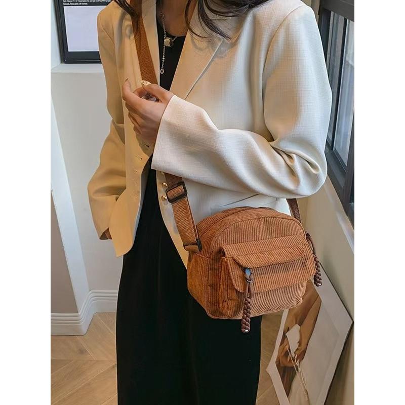 Corduroy Crossbody Bag for Women Casual Shoulder Messenger Bag Small Square Purse with Front Flap Pocket Adjustable Strap Lightweight Daily Handbag