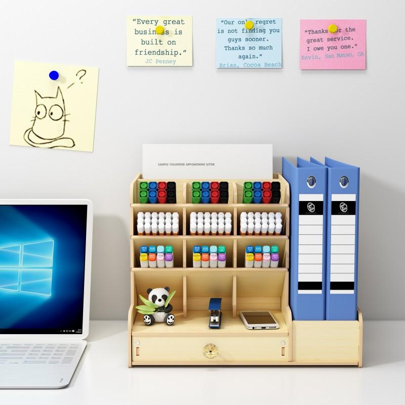 Desk Organizer A4 Paper Books Multi-functional Slanted Storage Box With Compartments Wooden Desktop Stationery Holder
