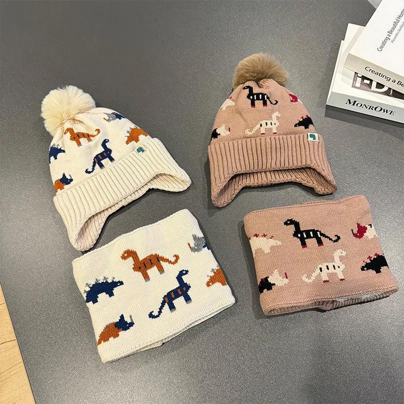 Children's Dinosaur Hat Scarf Two-piece Set Winter Baby Plush Thickened Knitted Hat Ear Protector Wool Hat Bib