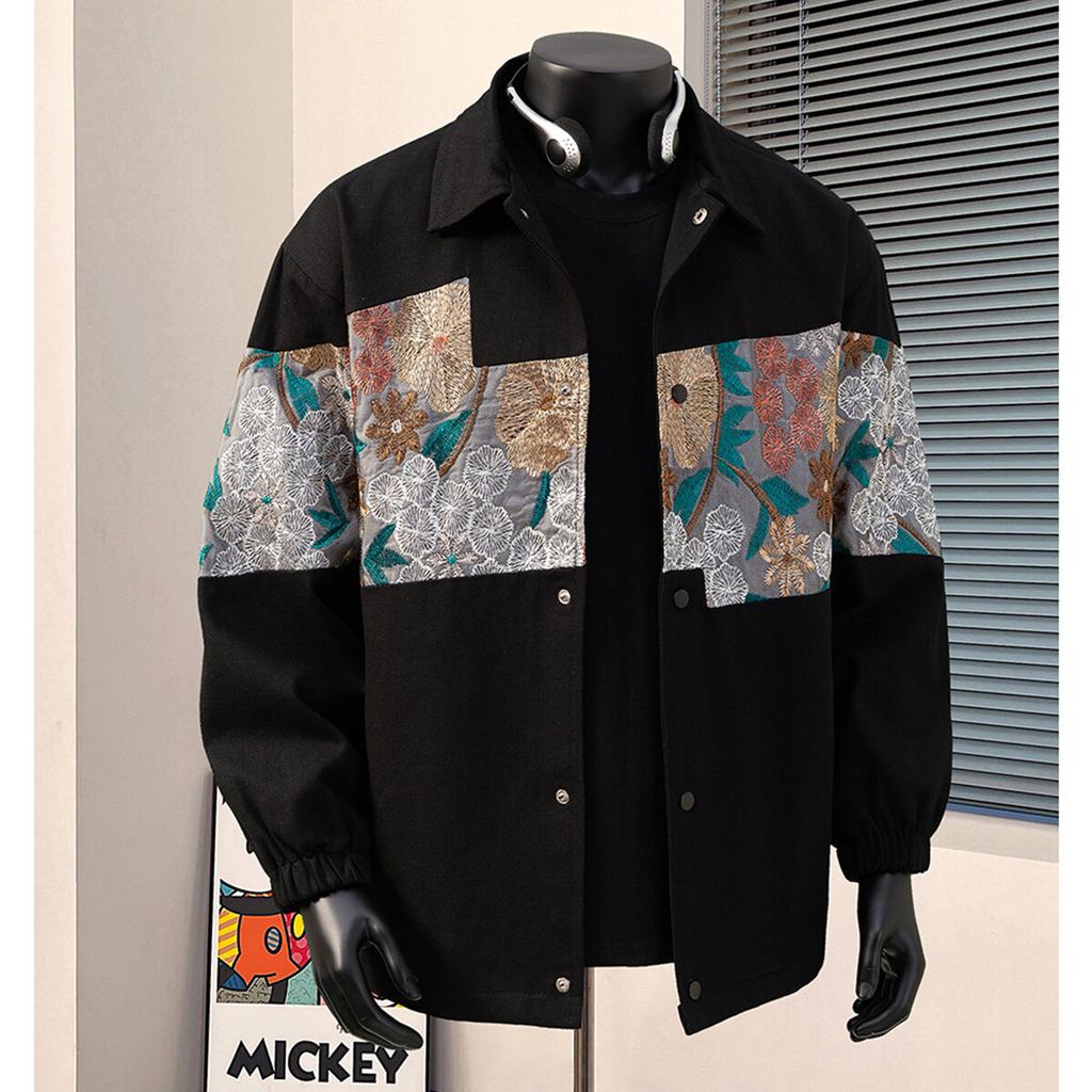 Men Apricot Patchwork Jacket Men Casual Turn Down Collar Outerwear Male Hip Hop Loose Coat Men Vintage Floral Embroidery Jacket