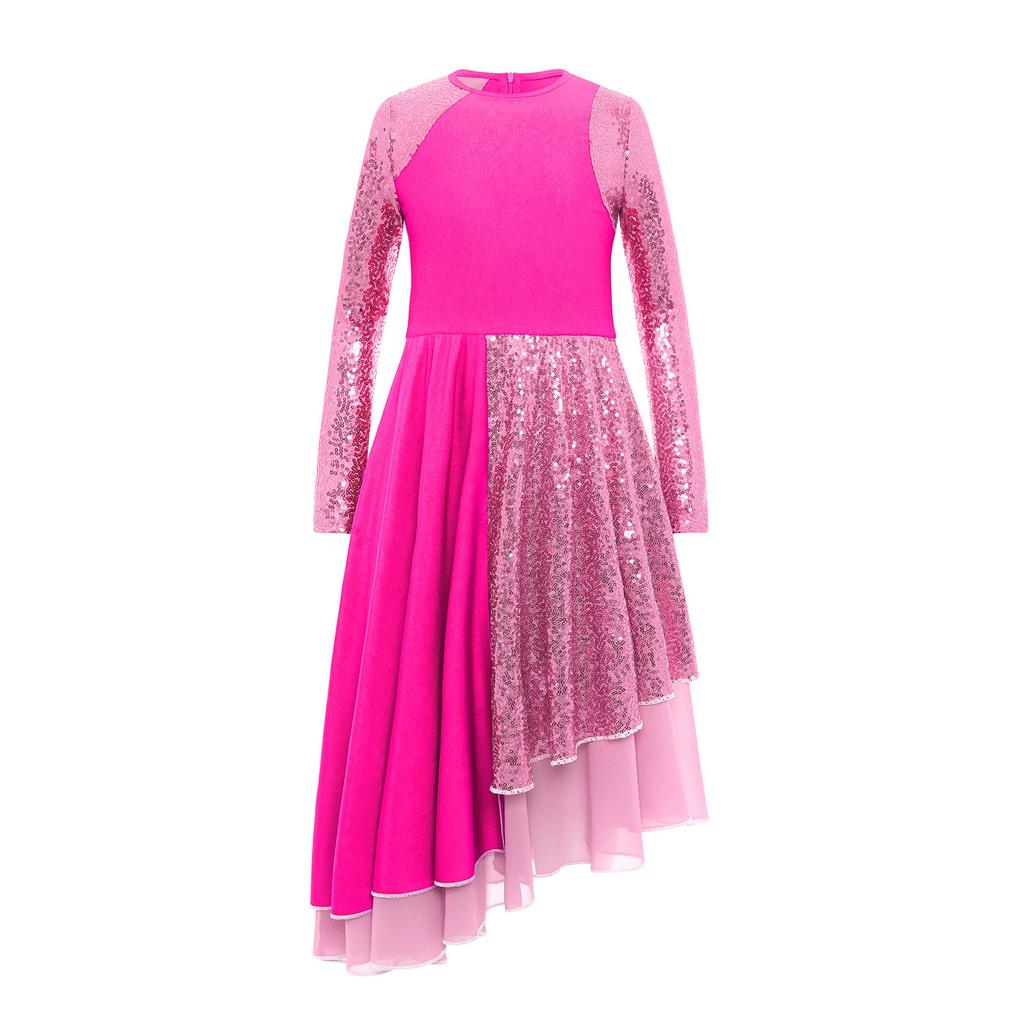 Girls Praise Dance Dress Long Sleeve Round Neck Design with Sparkling Sequins Color Block Asymmetrical Robe