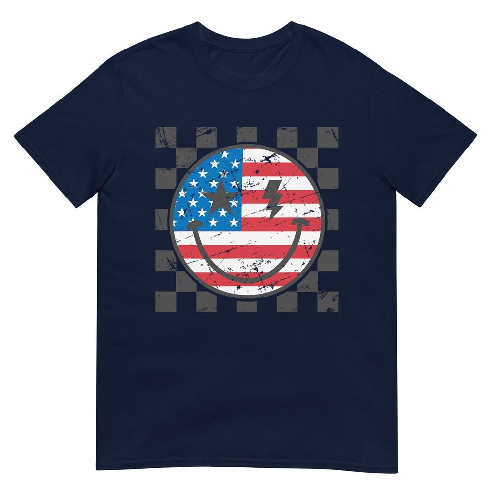 Happy 4th Of July Groovy Smile Face Red White Blue Usa Tshirt