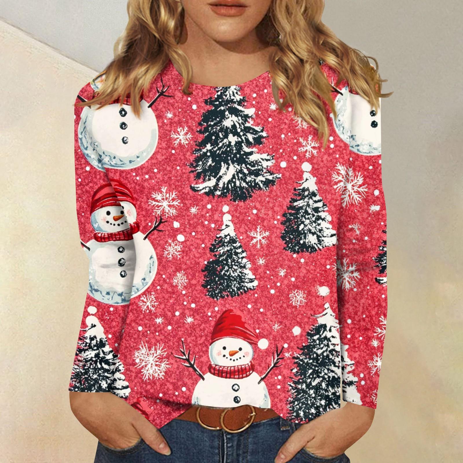 

Женская модная повседневная футболка с длинным рукавом и рождественским принтом, с круглым вырезом S