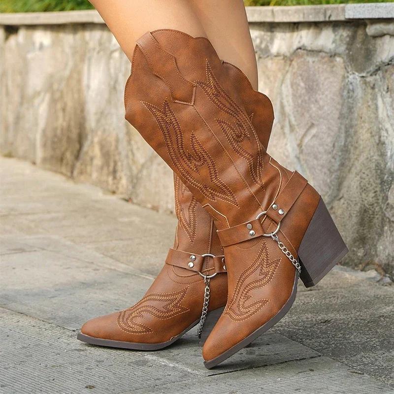 2025 Spring Retro Cowboy Boots Women Mid Calf Western Boots Woman Pu Leather Knight Booties Big Size Point Toe Waterproof Boots
