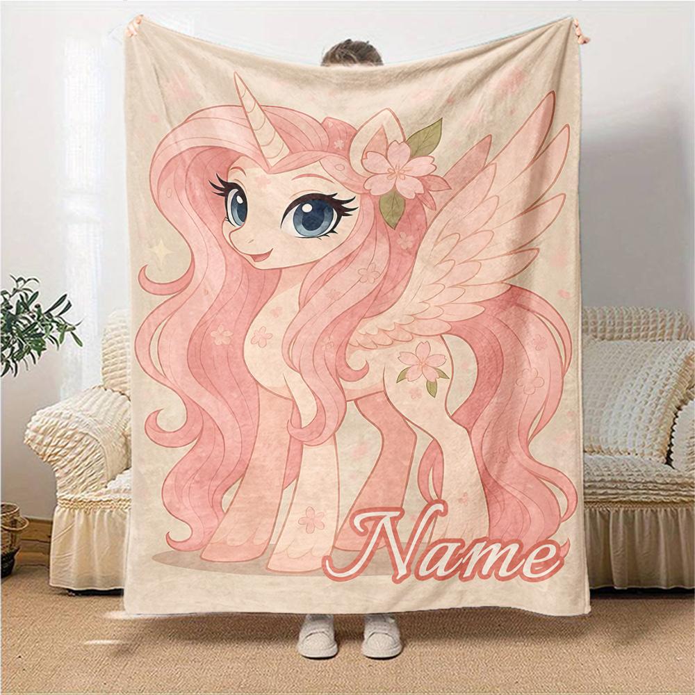 Custom Name Unicorn Pink Flowers Blanket for Couch & Bed, Plush Cozy Fuzzy Blanket Super Soft & Warm Blankets for Fall and Winter. 0908151