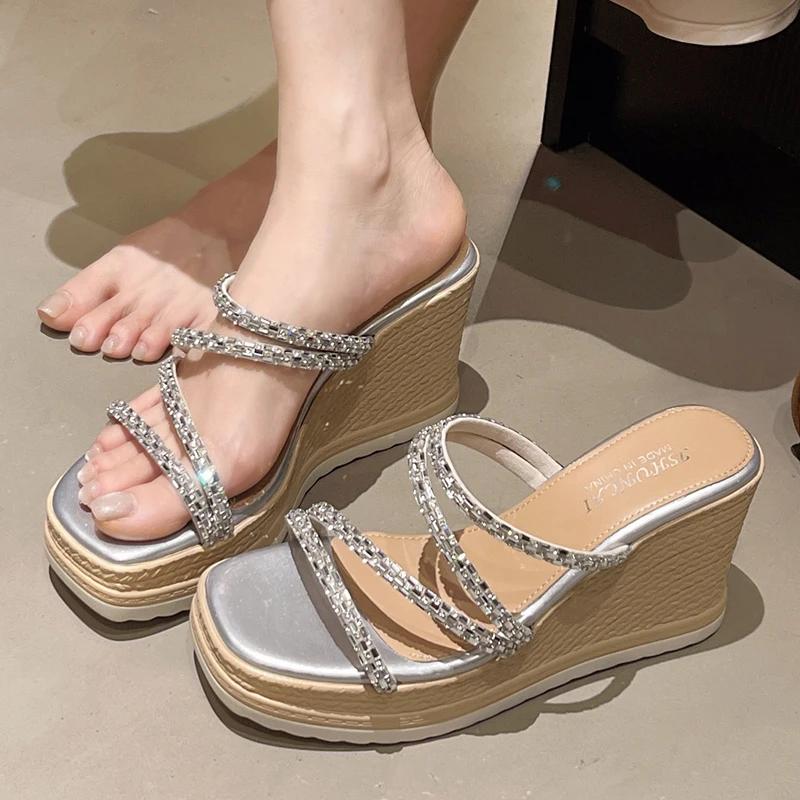Fashion Shiny Crystal Wedge Heel Sandals for Women 2025 Summer Chunky Platform Slippers Woman Fashion Thick Bottom Party Sandalias Mujer