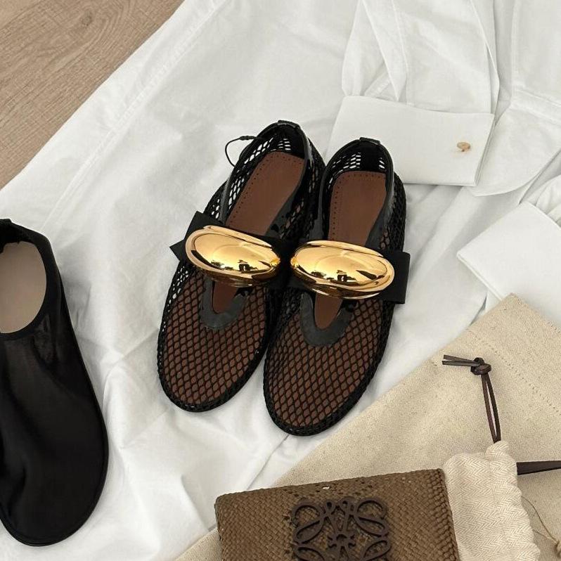 Sheepskin Small Gold Buckle Leather Soft Sole Mesh Sandals Women's Hole Shoes Breathable Hollow Roman Shoes Mary Jane Single Shoes