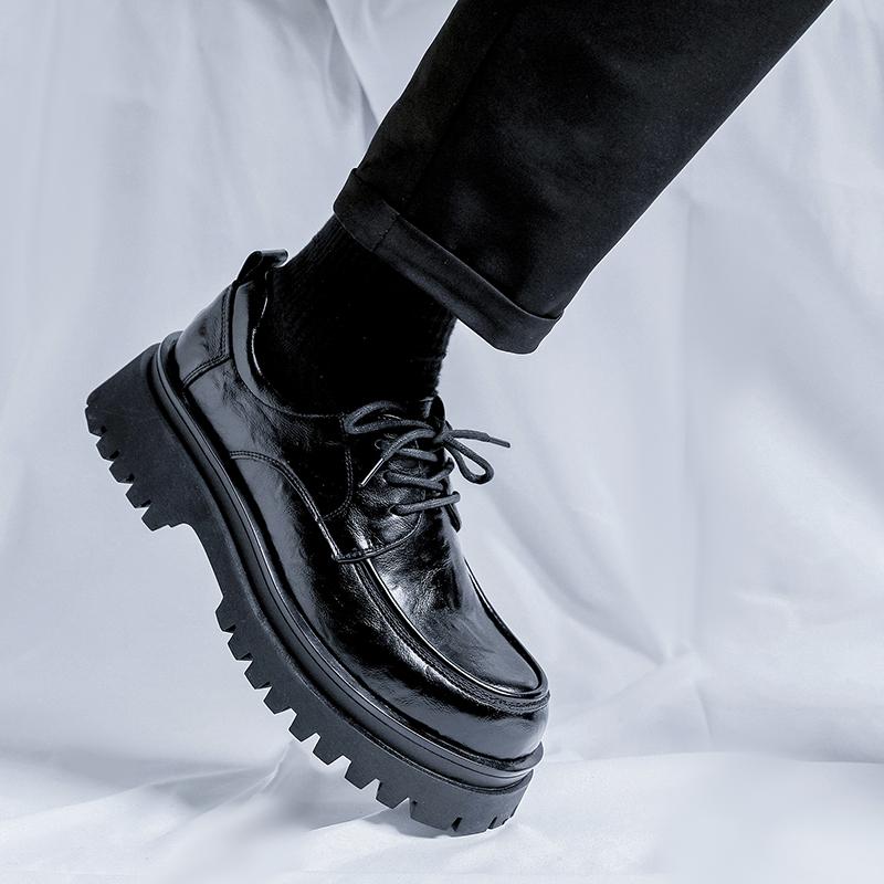 FashionMen Leather shoes outdoor fashion Platform Oxfords Slip on Thick Tottom Derby Shoes Casual Mens round Toe Formal Dress Shoes men