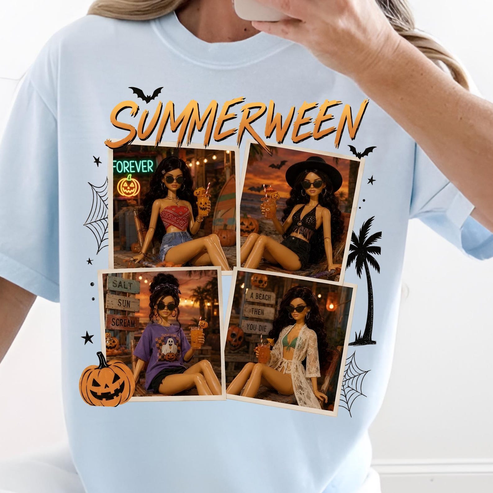 Funny Doll Face Summerween Shirt, Cute Summer Witch Tee, Spooky Summer Shirt, Retro Spooky Witch Shirt, , Spooky Summer Hot Ghoul Doll Face 3XL