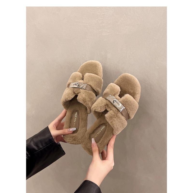 

Comfortable princess thick-bottomed fluffy slippers women s autumn and winter high-end outer wear new indoor home one-word cotton mop 35 хаки