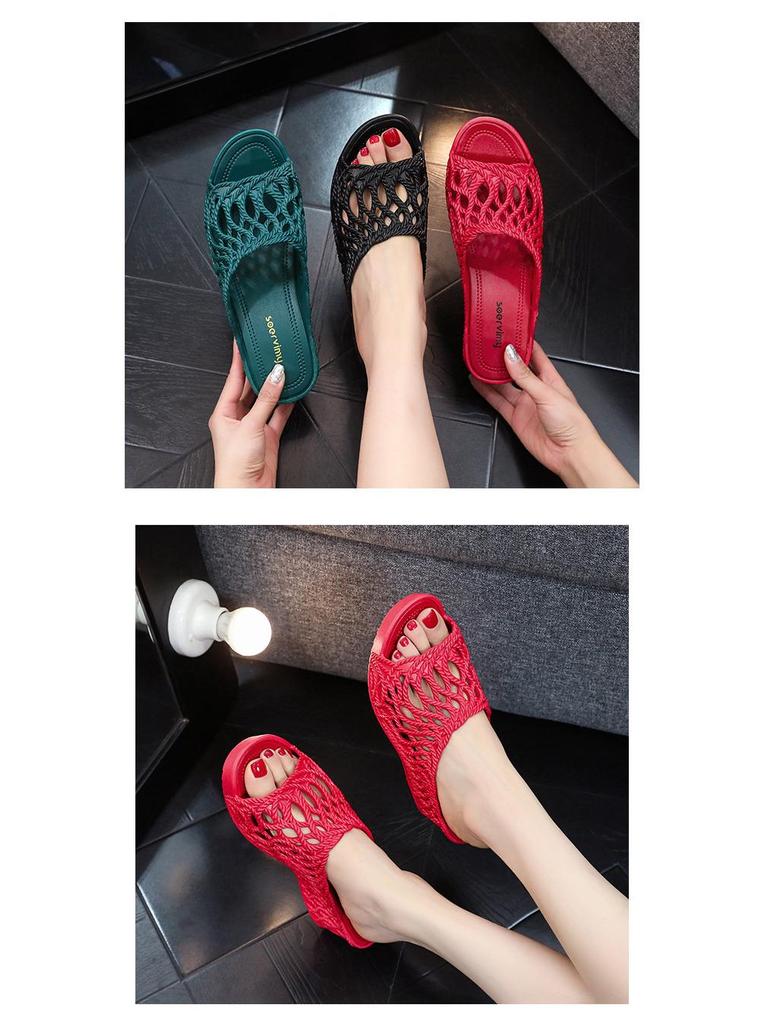 Women's 2025 Fashion High Heel Non-Slip Slippers - Summer Hollow Out, Comfortable, Thick Sole, One-Strap Design for Outdoor Use