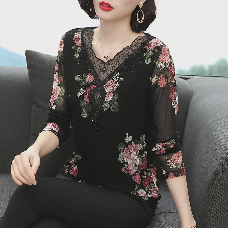 Autumn Black Long-Sleeve Printed Pullover: Mid-Length, Loose-Fit, Round-Neck T-Shirt