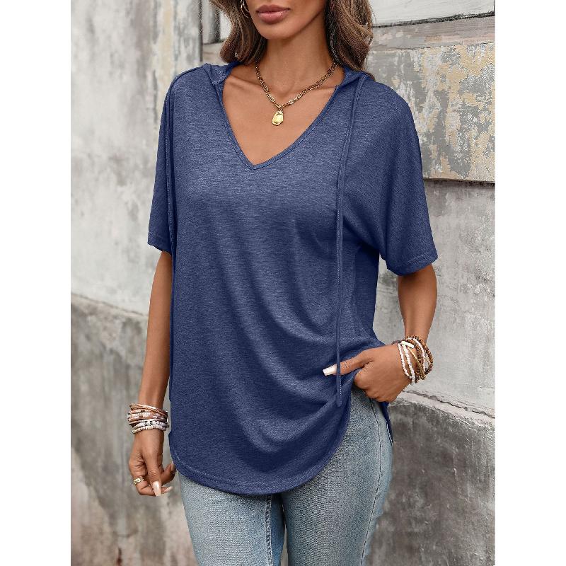 2026 Spring/Summer New Solid Color V-Neck Drawstring Hooded T-Shirt for Women Casual Short Sleeve