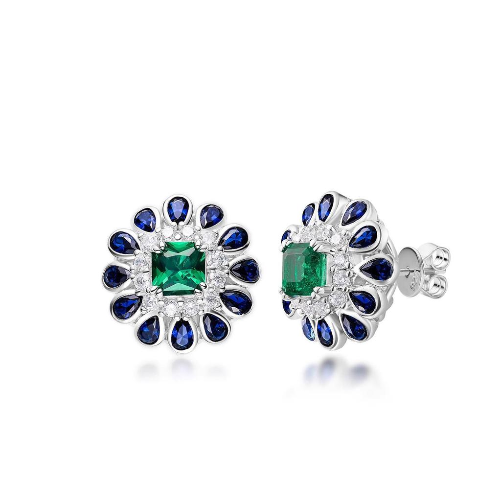 Retro Sunflower Pendant & Synthetic Emerald Stud Earrings with Open Ring - Gemstone Set for Women
