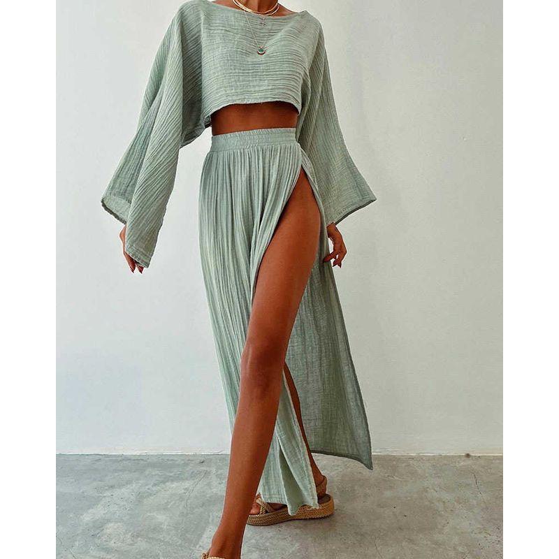 

Top Casual Two-Piece Set Vacation Photo Stylish Short Top High Waist Casual Two-Piece Suit Women Light green XXXL