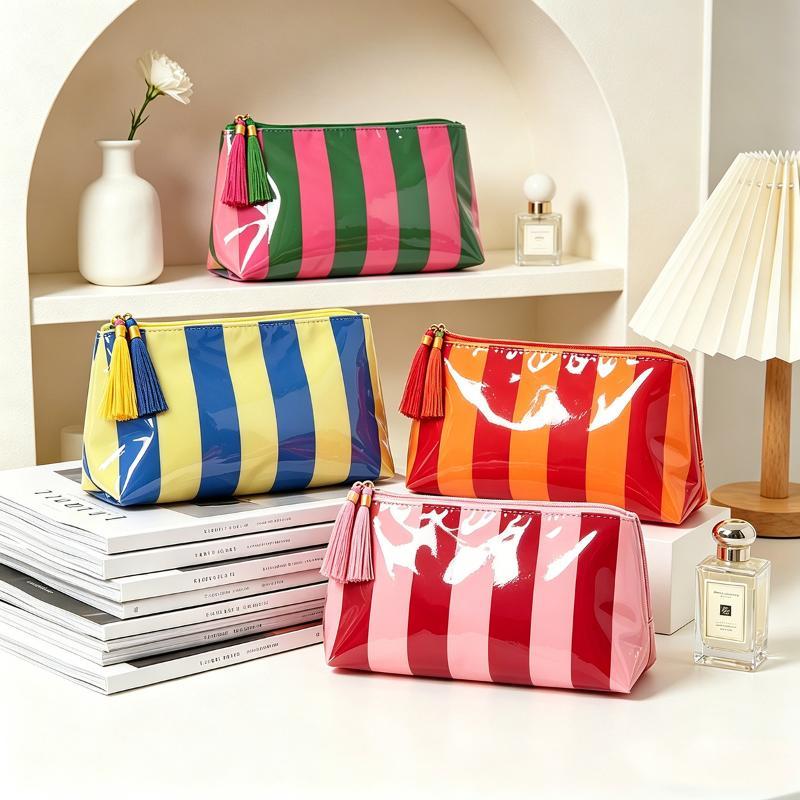 Pvc Striped Cosmetic Bag Makeup Bag With Fringe And Zipper Waterproof Travel Toiletry Bag Makeup Brush Case