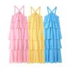Polyester Floral Embellished Layered Chiffon Dress With Sleeveless Halter Neck For Spring