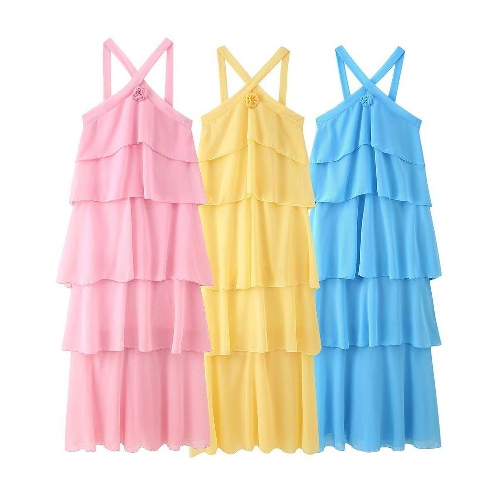 Polyester Floral Embellished Layered Chiffon Dress With Sleeveless Halter Neck For Spring