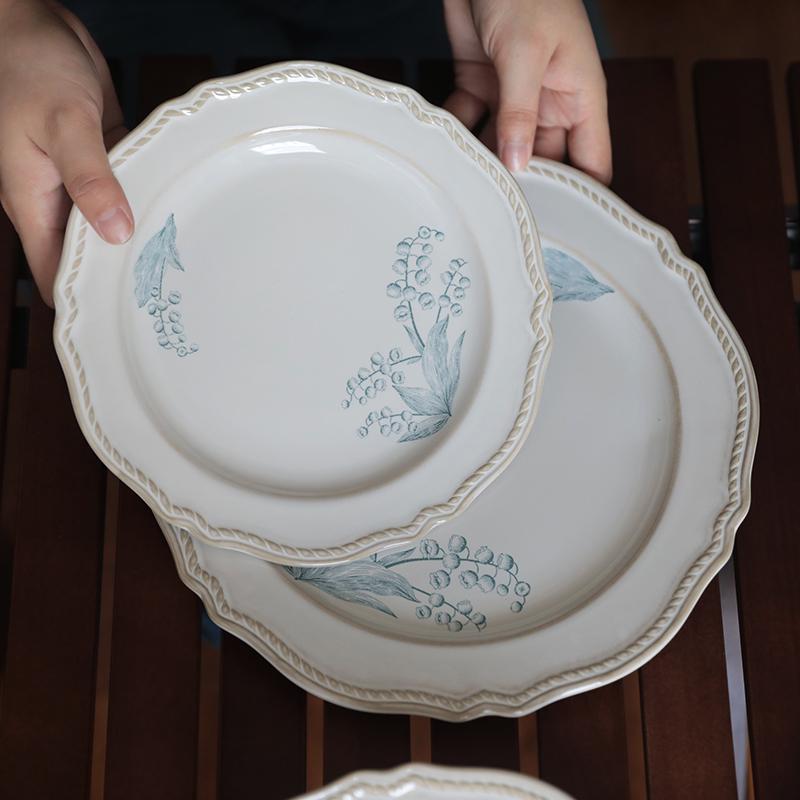 French Retro Lily of the Valley Tableware Set: Ceramic Dinner Plates, Rice Bowls, Steamed Fish Plates, and Household Dish Set.