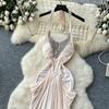 Summer Women Sexy Halter Open Back Luxury Beading Metal Fold Lace Evening Party Slim Long Maxi Dresses