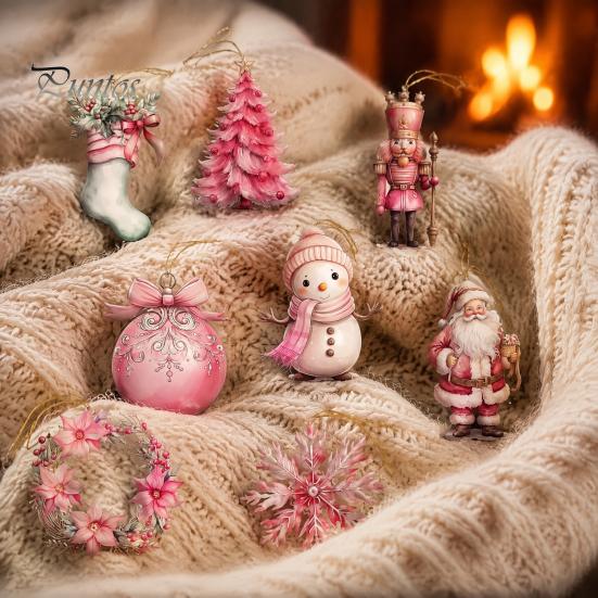 Christmas Tree Baubles 12/24/36Pcs Pink Wooden Ornaments Set, Snowman Santa Hanging Aesthetic Decors, Xtmas Hanigings with Ropes for Home Decor