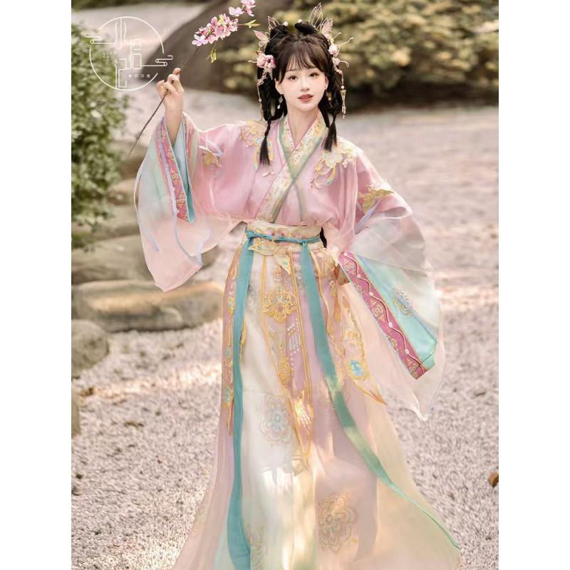 Womens Hanfu Style Ruqun Set Ancient Jin Dynasty Inspired Wide Sleeve Embroidered Floral Daily Wear