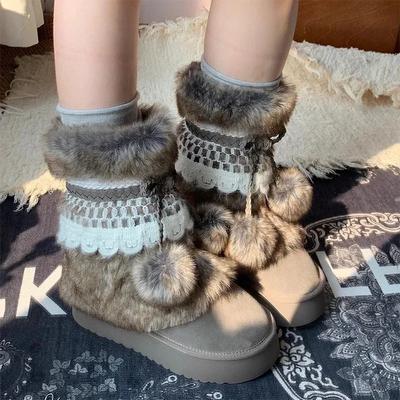 Stivali da Neve con Fiocco in Pelliccia da Donna Scarpe alla Caviglia con Zeppa Inverno Suede Ballerine Calde 2025 Nuova Marca Moda Dolce Chelsea