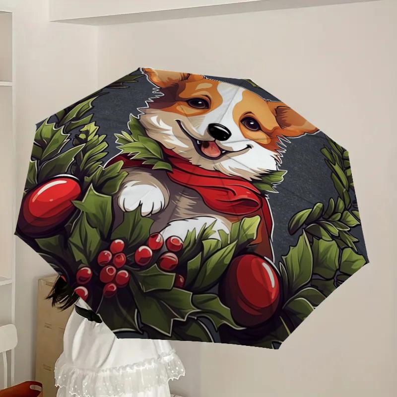 1pc Christmas Corgi Wreath Umbrella with Plastic Handle,Suitable for All Seasons Home Travel Outdoor UmbrellaDD224