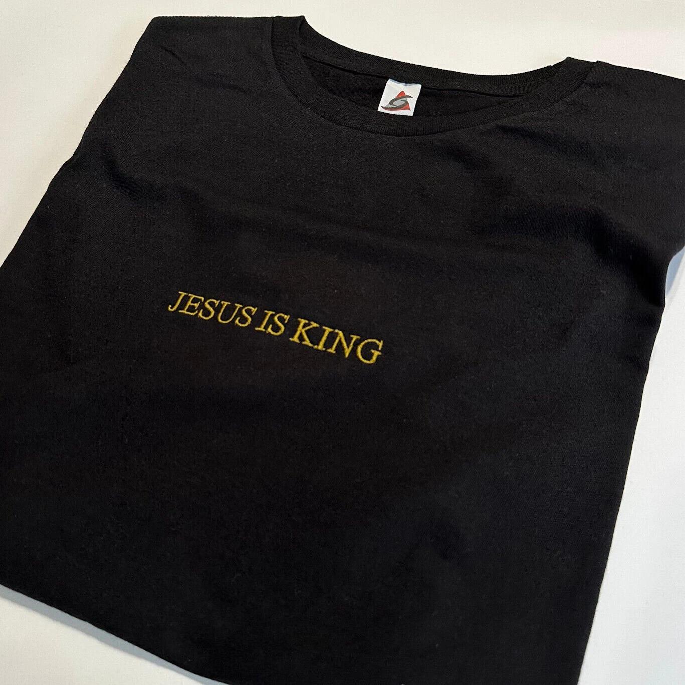 Jesus Is King Stitched Gold Embroidery T-Shirt Embroidered Christian God is Good 2XL