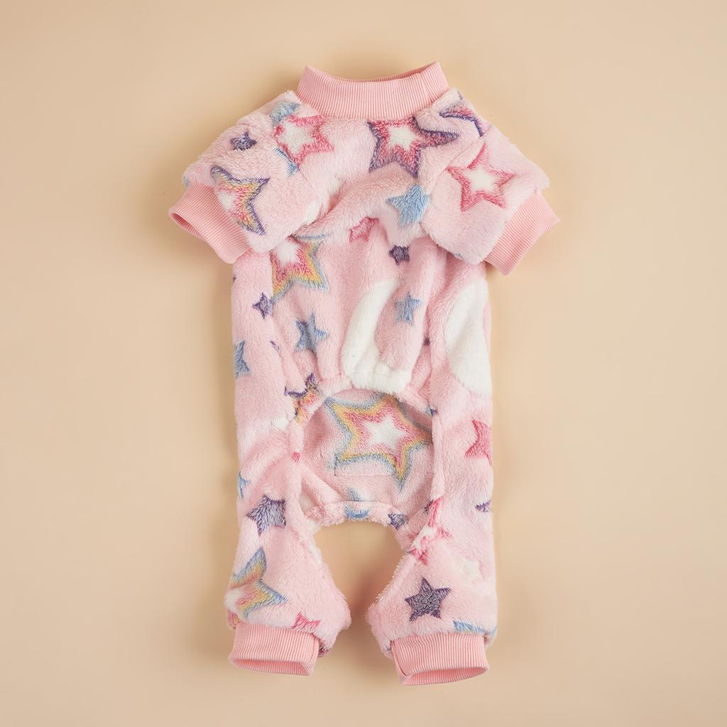 Pink Plush Dog Pajamas for Small Dogs Girl Winter Warm Puppy Pjs Fleece Clothes Sweater Outfit Cold Weather Dog Colorful Stars P