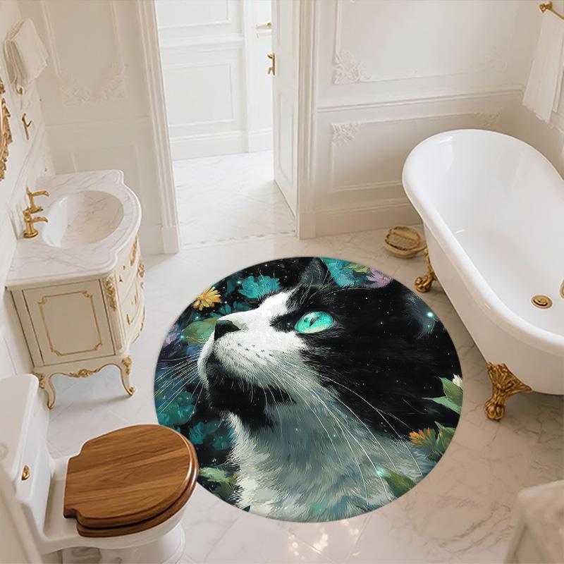 Flower Black and White Cat,Round Area Rug,Carpet Rug for Living Room Bedroom Sofa Playroom Decor,Non-slip Floor Mat