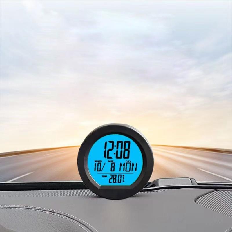 Car Digital Clock Solar Powered Date Week Clock with Temperature Display Automotive Dashboard Round Clock
