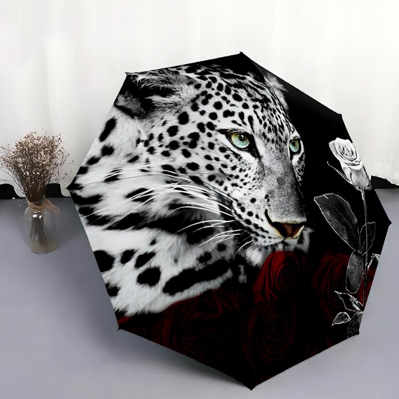 1pc leopard Theme pattern Umbrella Portable Folding Umbrella Iron Frame Hole Bone Structure Outdoor Home Umbrella