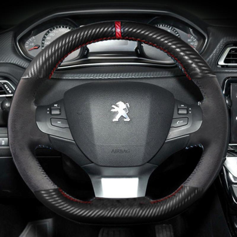 For Peugeot 308 307 2016- Hand Stitched Black Stitch Car Steering Wheel Cover DIY Non-slip Leather Car Interior