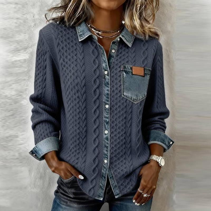 Women Denim Patchwork Knitted Sweater Turn-down Collar Button Top Cardigan Winter Long Sleeve Knitwear Shirt Outerwears Jackets