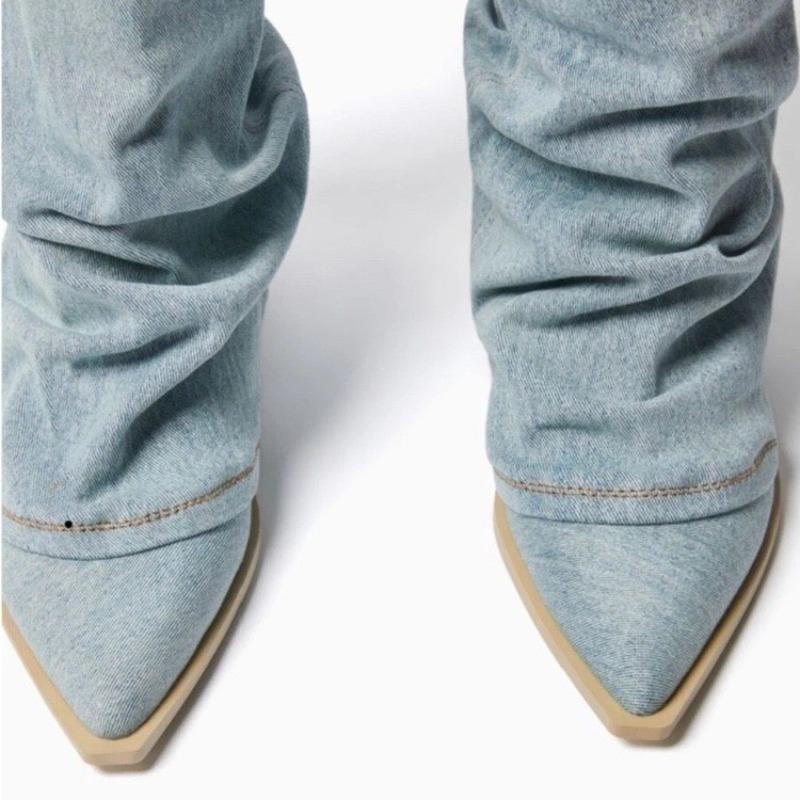 Women Pleated Blue Denim Boots New Square Heel Middle Heels Pointed Toe Women Shoes Retro Knee-High Long Boots Large Size 39- 42