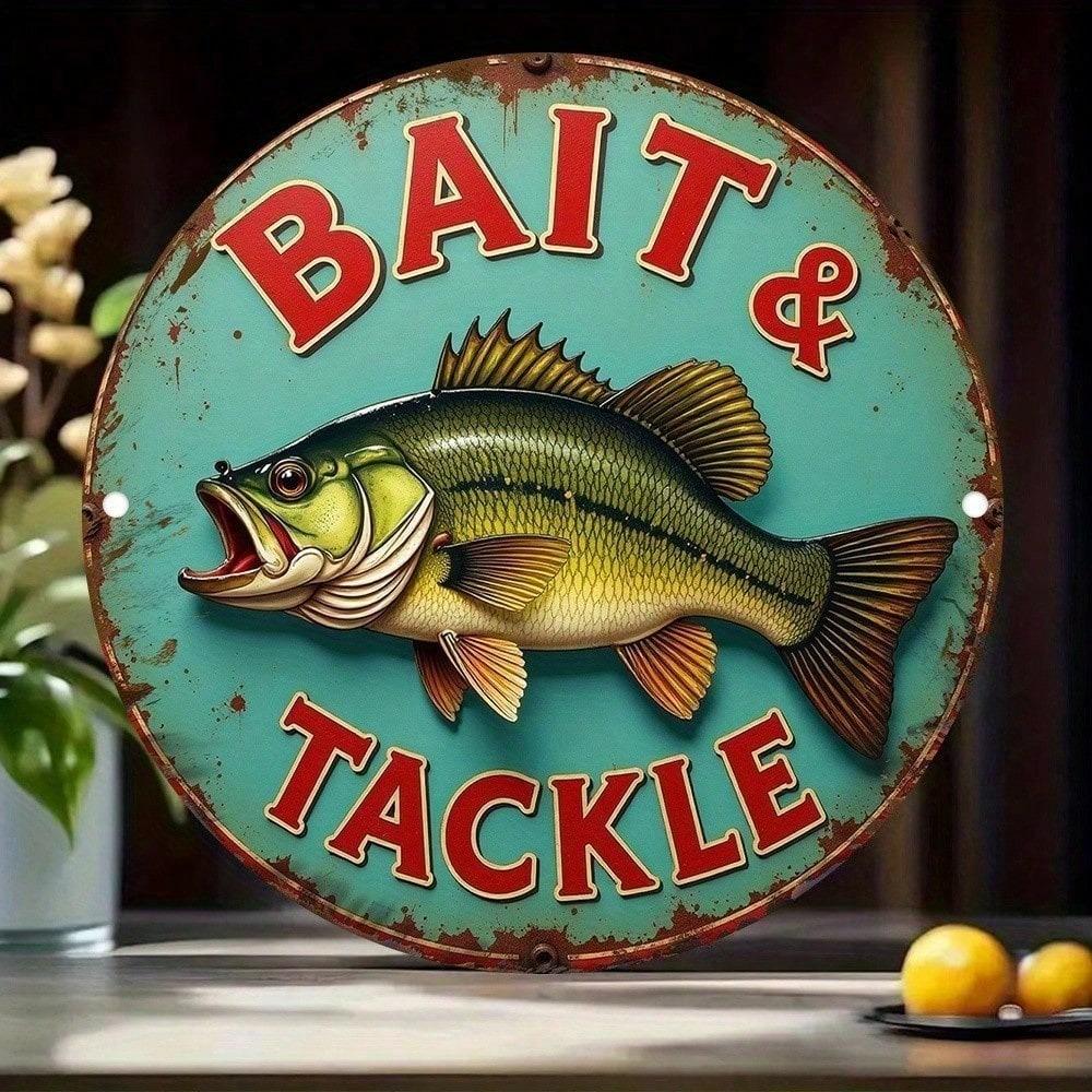 Vintage Fishing Metal Tin Sign Retro Bait & Tackle Decor, Rustic Aluminum Wall Art for Garage Man Cave Bar Pub