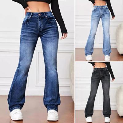 Dámské džíny Vysoký pas s rozšířeným lemem Zapínání na zip s přechodem Barva Volný střih Více kapes